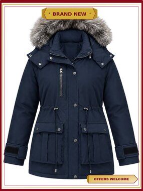 Plus Size Waterproof Puffer Parka Coat Detachable Hood Faux Fur Trim